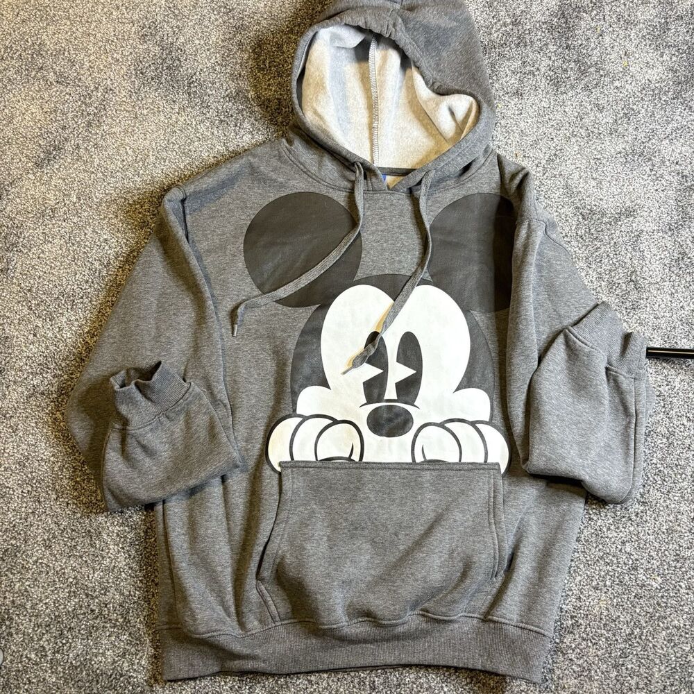Disney Mickey Mouse‎ Big Print Gray Hoodie Sweatshirt Men's  42/44 Peekaboo